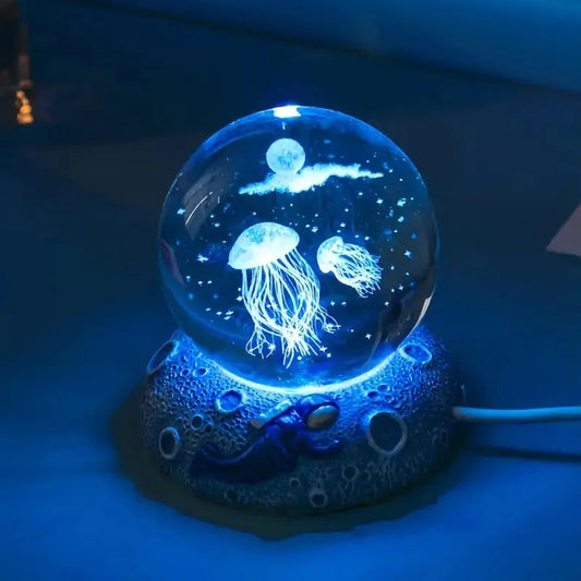 3D Crystal Sphere Ocean Lamp with Coral Base and 8-Color LED Light 0
