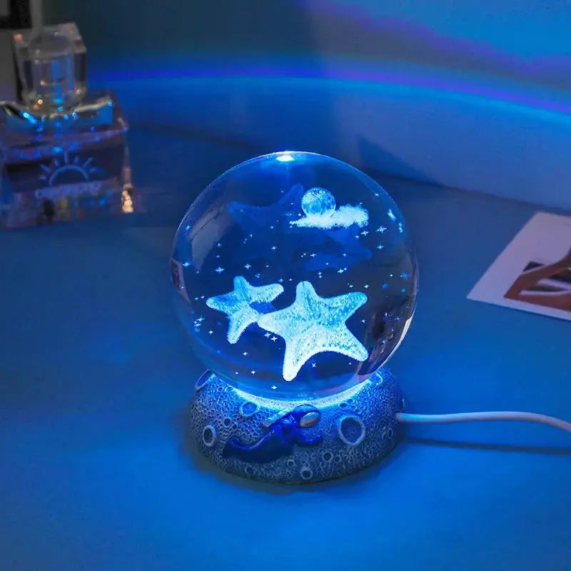 3D Crystal Sphere Ocean Lamp with Coral Base and 8-Color LED Light 3
