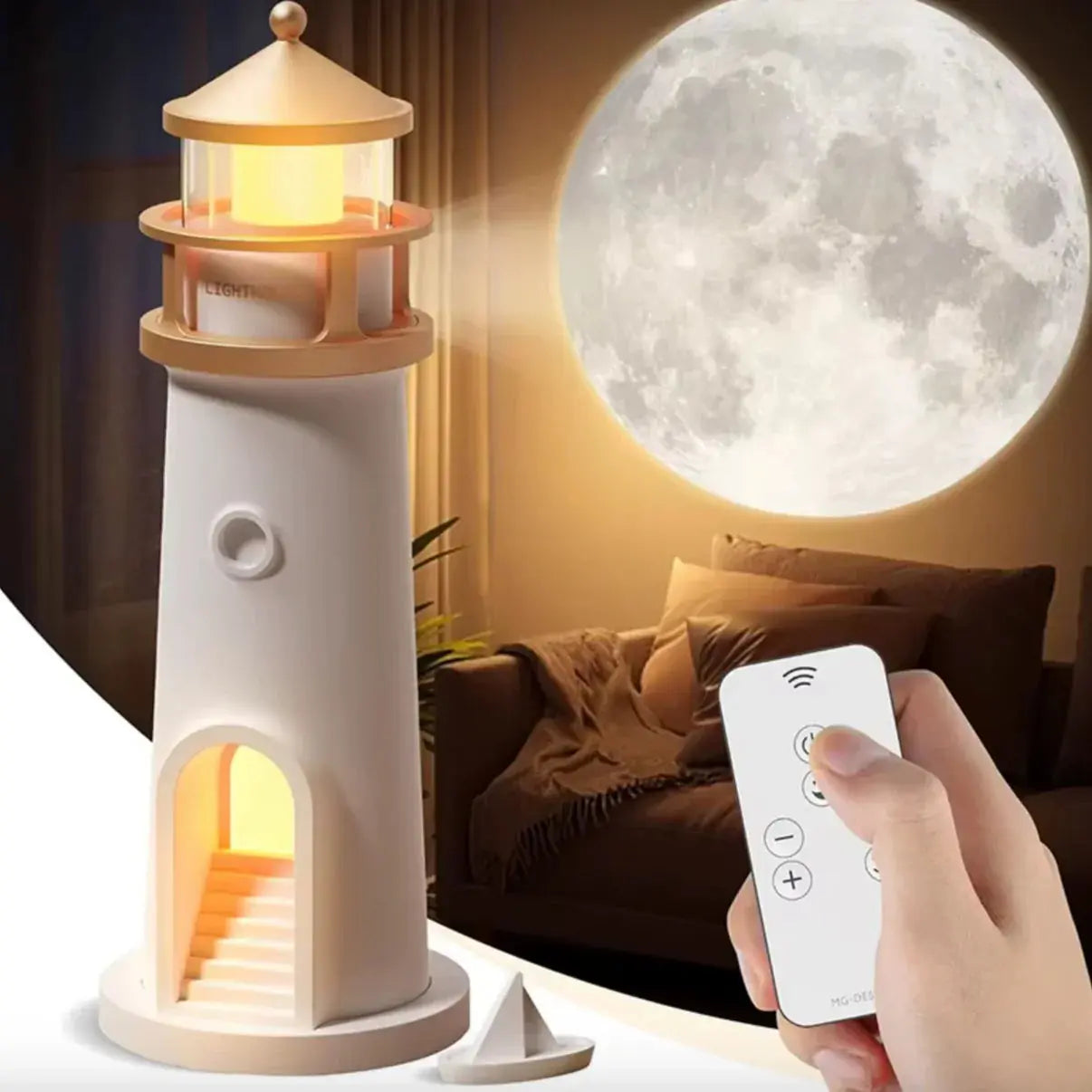 Charming Lighthouse Lamp with Motion Sensor and 3-in-1 Moon Projector Functionality 0