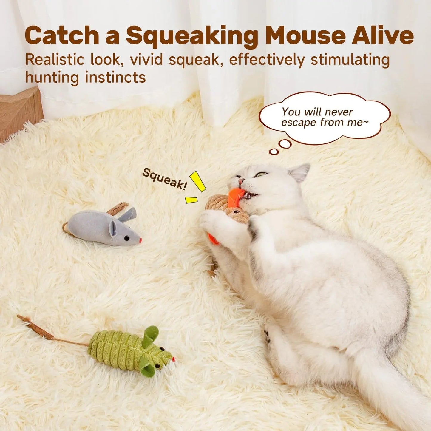 Interactive Catnip Mice Toys - 3 Pack Plush Squeaking Mouse Toys for Cats and Kittens - Stimulates Play & Dental Health 2